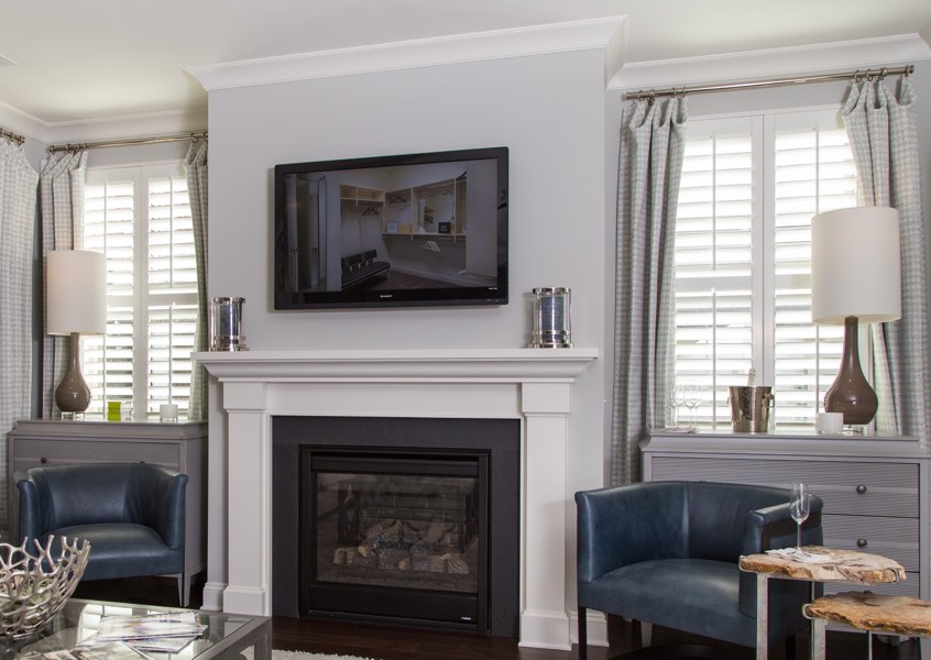 tv room Chicago faux wood shutters